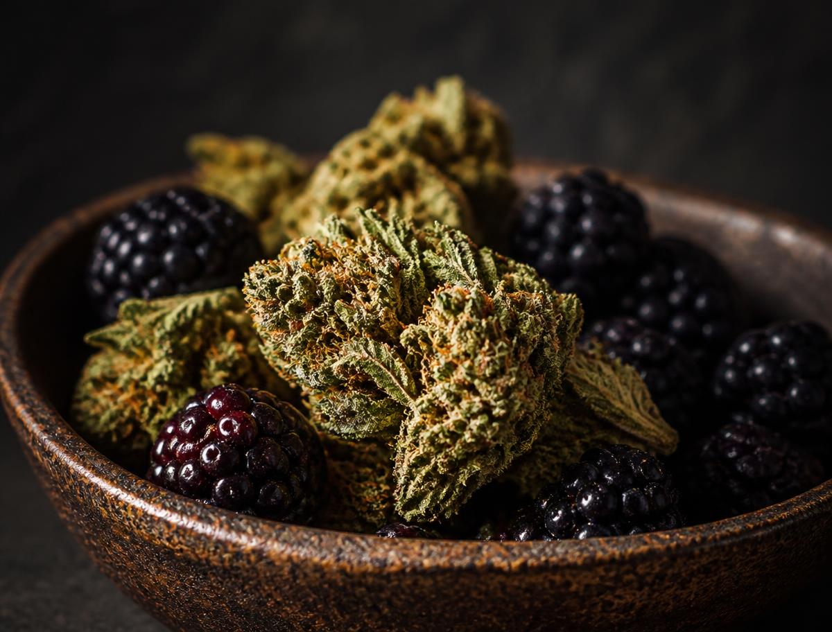 Flores de cannabis e amoras em tigela rústica